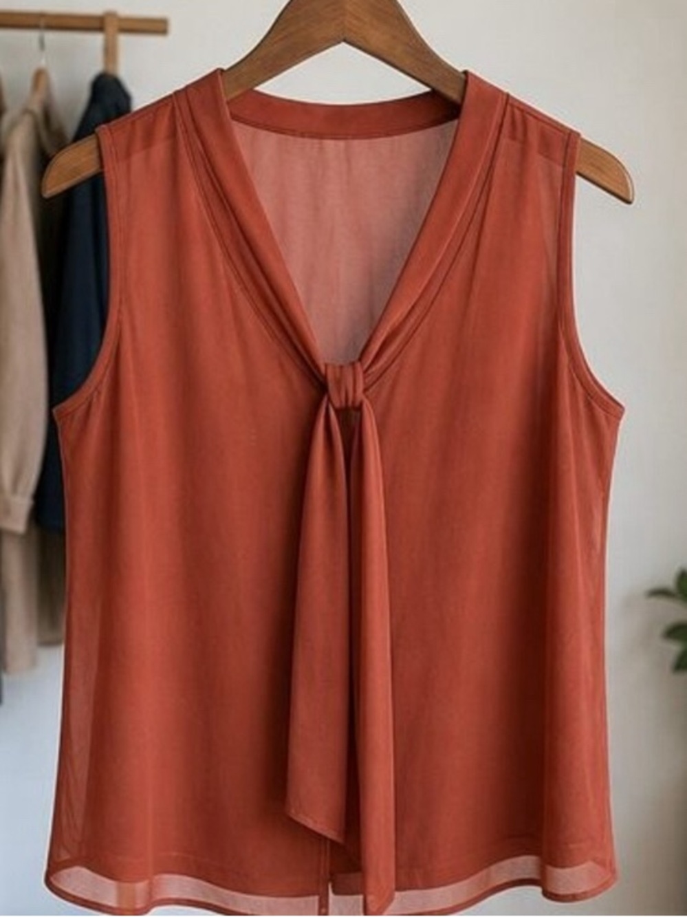 Sleeveless Tie-Neck Blouse - Rust